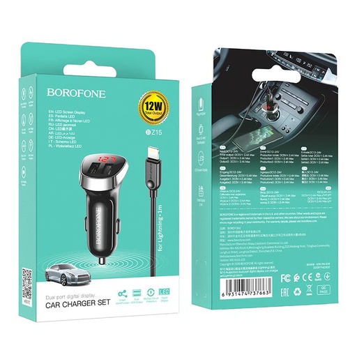 Borofone BZ15 autní nabíječka (2 USB port, lightning kabel), LED indikátor stavu, 5V 2,4A, černá