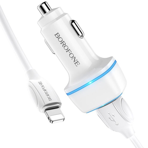 Borofone BZ14 autní nabíječka (2 USB port, lightning kabel), 5V 2,4A, bílá