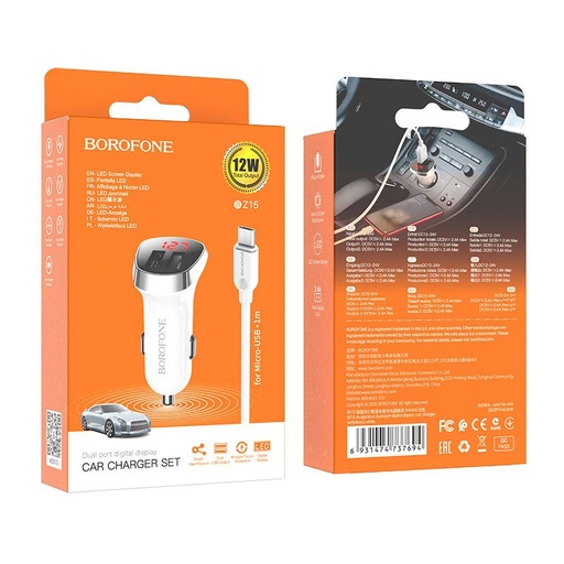 Borofone BZ15 autní nabíječka (2 USB port, microUSB kabel), LED indikátor stavu, 5V 2,4A, bílá