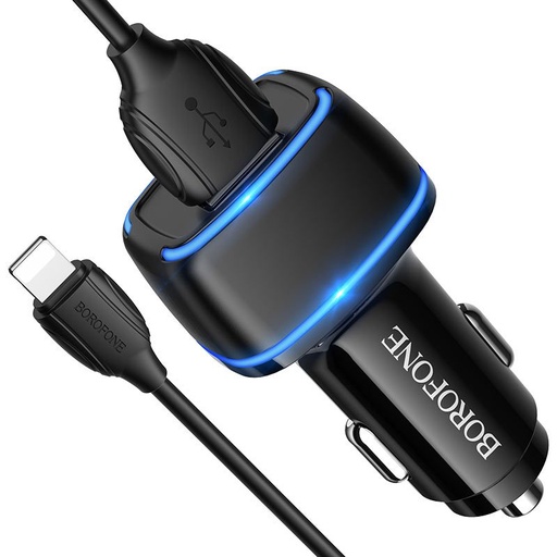 Borofone BZ14 autní nabíječka (2 USB port, lightning kabel), 5V 2,4A, černá