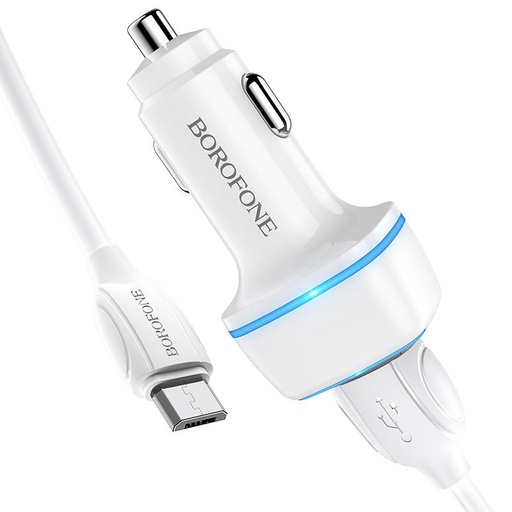 Borofone BZ14 autní nabíječka (2 USB port, microUSB kabel), 5V 2,4A, bílá