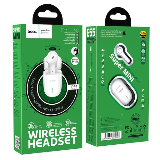 Hoco E55 bluetooth headset, BT V5.0, bílá