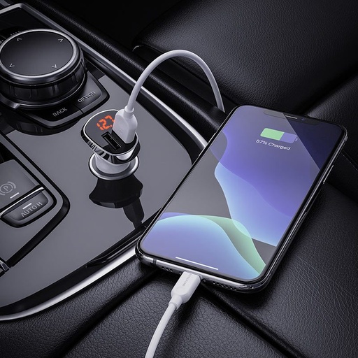 Borofone BZ15 autní nabíječka (2 USB port, lightning kabel), 5V 2.4A, LED indikátor stavu, bílá