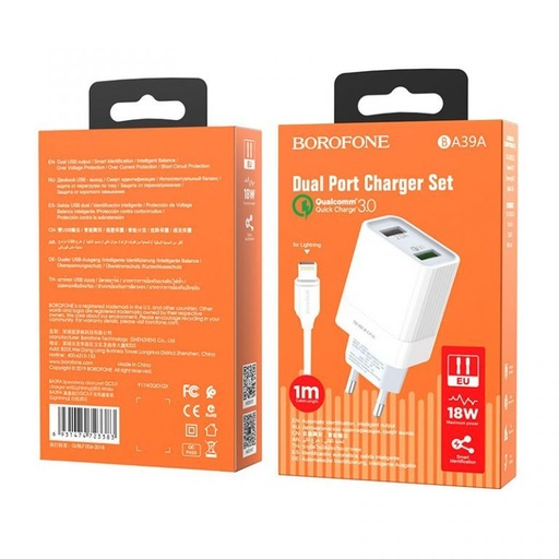 Borofone BA39A síťový rychlonabíječka (QC + PD konektor), PD lightning kabel, QC 3.0, 18W, bílá