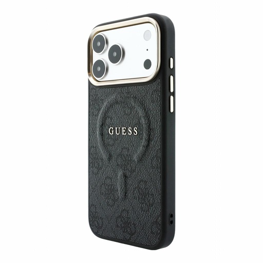 Apple iPhone 18 Pro Guess Leather 4G Zlatá Frame Embossed MagSafe kůže ochranné pouzdro (Černá) (GUHMP18LP4MSEGCK)