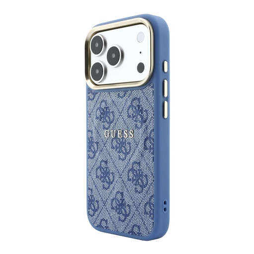 Apple iPhone 18 Pro Guess Leather 4G Zlatá Frame Embossed MagSafe kůže ochranné pouzdro (Modrá) (GUHMP18LP4MSEGCB)