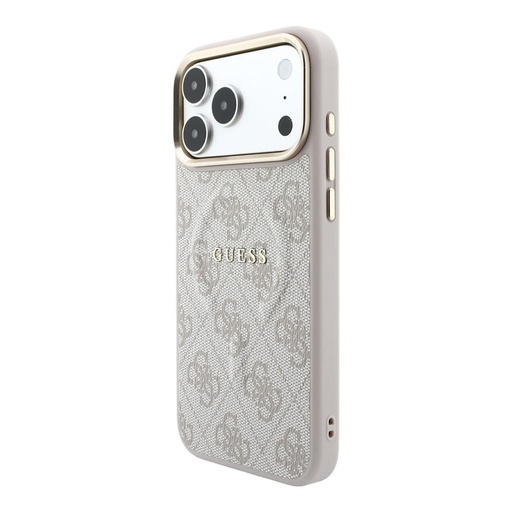 Apple iPhone 18 Pro Guess Leather 4G Zlatá Frame Embossed MagSafe kůže ochranné pouzdro (Růžová) (GUHMP18LP4MSEGCP)