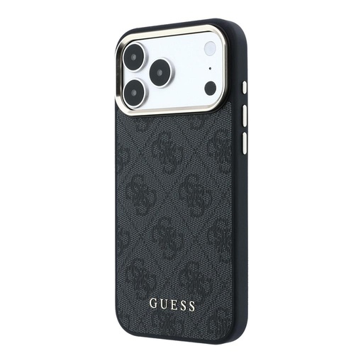 Apple iPhone 18 Pro Guess Leather 4G Zlatá Frame MagSafe kůže ochranné pouzdro (Černá) (GUHMP18LG4GFCK)
