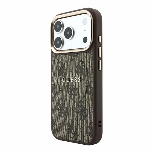 Apple iPhone 18 Pro Max Guess Leather 4G Zlatá Frame Embossed MagSafe kůže ochranné pouzdro (Hnědá) (GUHMP18XP4MSEGCW)