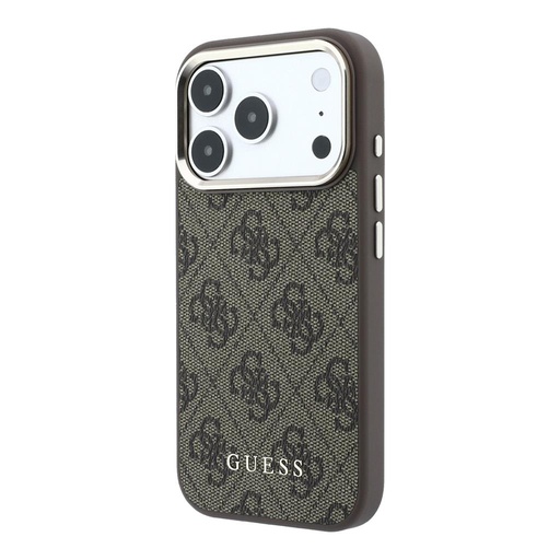 Apple iPhone 18 Pro Max Guess Leather 4G Zlatá Frame MagSafe kůže ochranné pouzdro (Hnědá) (GUHMP18XG4GFCW)