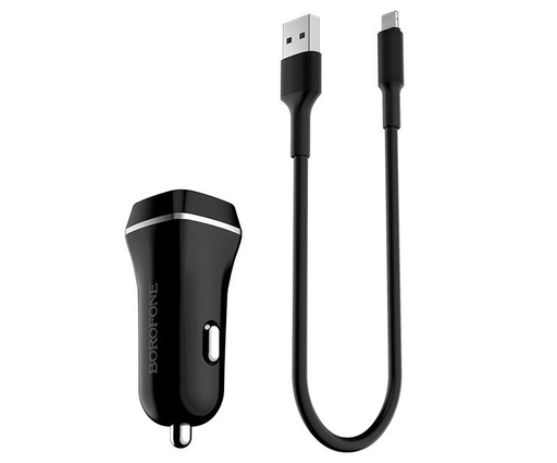Borofone BZ2 autní nabíječka (2 USB port, lightning kabel), 5V 2,4A, černá