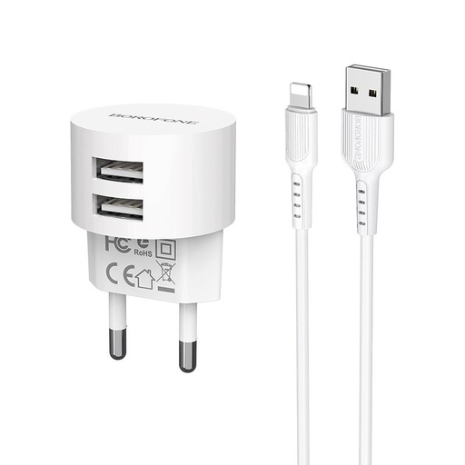 Borofone BA23A síťový nabíječka (2 USB port), lightning kabel, 5V 2,4A, bílá