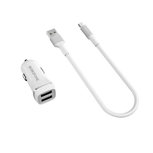 Borofone BZ2 autní nabíječka (2 USB port, microUSB kabel), 5V 2,4A, bílá