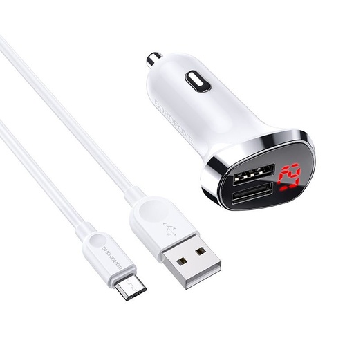 Borofone BZ15 autní nabíječka (2 USB port, microUSB kabel), LED indikátor stavu, 5V 2,4A, bílá