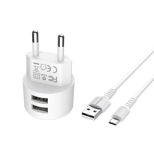 Borofone BA23A síťový nabíječka (2 USB port, microUSB kabel), 5V 2,4A, bílá
