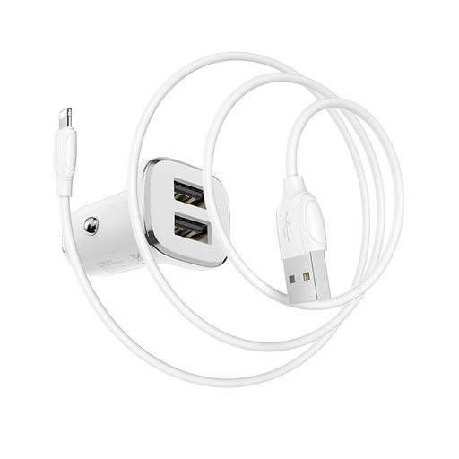 Borofone BZ12 autní nabíječka (2 USB port, lightning kabel), 5V 2,4A, bílá