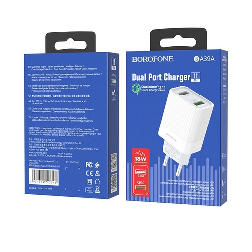 Borofone BA39A síťový rychlonabíječka (2 USB port, microUSB kabel), QC 3.0, max. 18W, bílá