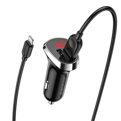 Borofone BZ15 autní nabíječka (2 USB port, lightning kabel), LED indikátor stavu, 5V 2,4A, černá