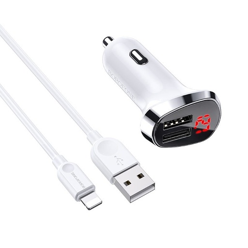 Borofone BZ15 autní nabíječka (2 USB port, lightning kabel), 5V 2.4A, LED indikátor stavu, bílá
