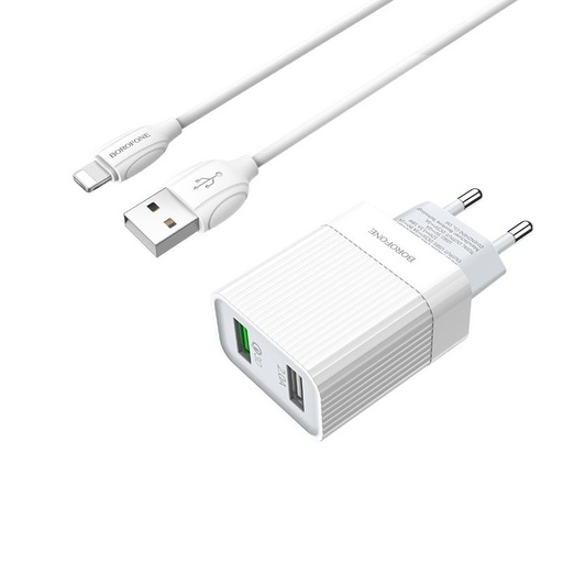 Borofone BA39A síťový rychlonabíječka (QC + PD konektor), PD lightning kabel, QC 3.0, 18W, bílá