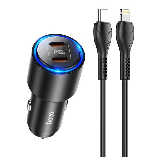 Hoco NZ3 PD 3.0 autní rychlonabíječka ( 2 USB-C port, lightning kabel), PD 40W, černá