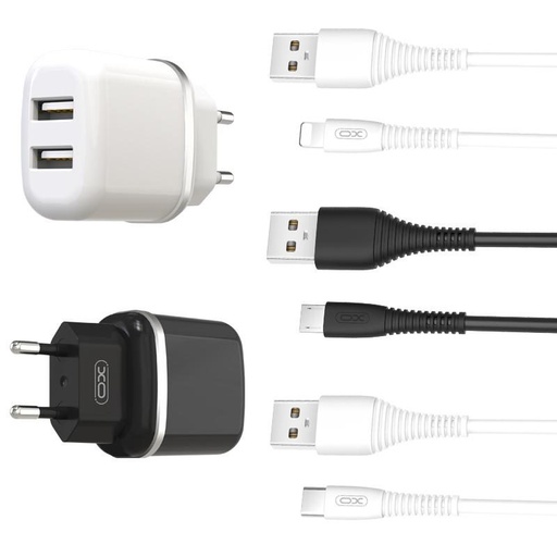 XO L69 2.4A nabíječka (Bílá) – dvojitý USB konektor, micro USB s kabelem