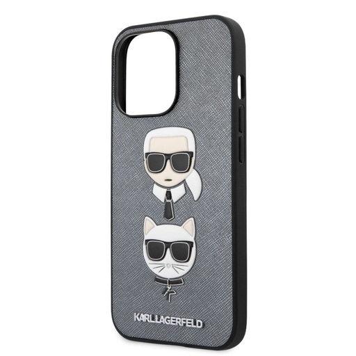 Apple iPhone 13 Pro Max Karl Lagerfeld PU Saffiano Karl and Choupette Heads pouzdro (Stříbrná) – KLHCP13XSAKICKCSL