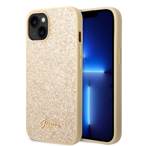 Apple iPhone 14 Plus Guess Glitter Flakes Metal Logo pouzdro (Zlatá) - GUHCP14MHGGSHD