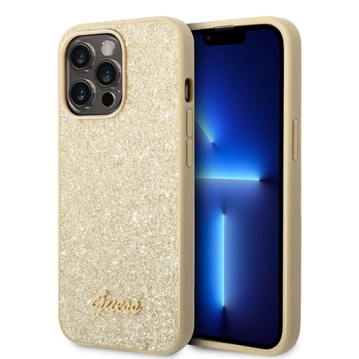 Apple iPhone 14 Pro Guess Glitter Flakes Metal Logo pouzdro (Zlatá) - GUHCP14LHGGSHD