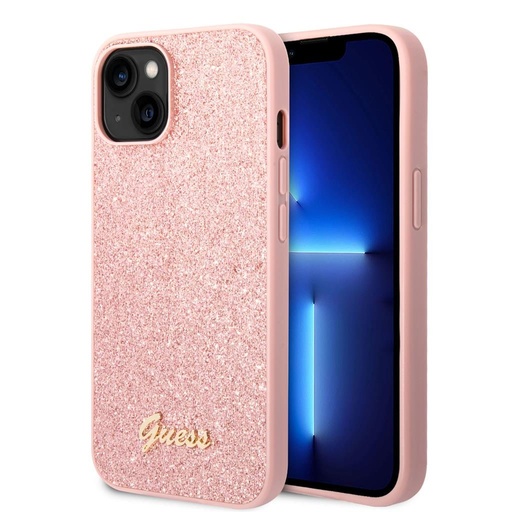 Apple iPhone 14 Plus Guess Glitter Flakes Metal Logo pouzdro (Růžová) - GUHCP14MHGGSHP