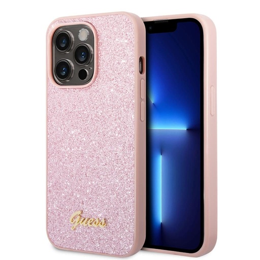 Apple iPhone 14 Pro Max Guess Glitter Flakes Metal Logo pouzdro (Růžová) - GUHCP14XHGGSHP