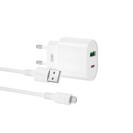 XO L81A síťový rychlonabíječka (QC + PD konektor), microUSB s kabelem, bílá