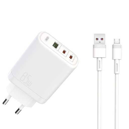 XO CE04 rychlonabíječka max. 65W (Bílá) – USB-C PD + USB-A QC, Type-C s kabelem
