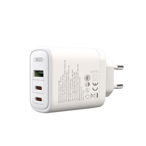 XO CE04 rychlonabíječka max. 65W (Bílá) – USB-C PD + USB-A QC