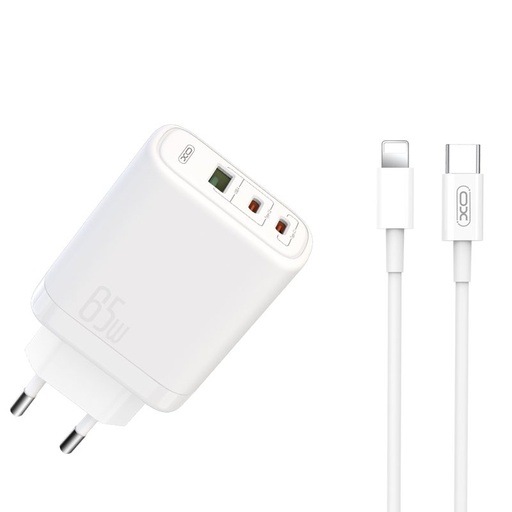 XO CE04 rychlonabíječka max. 65W (Bílá) – USB-C PD + USB-A QC, micro USB s kabelem