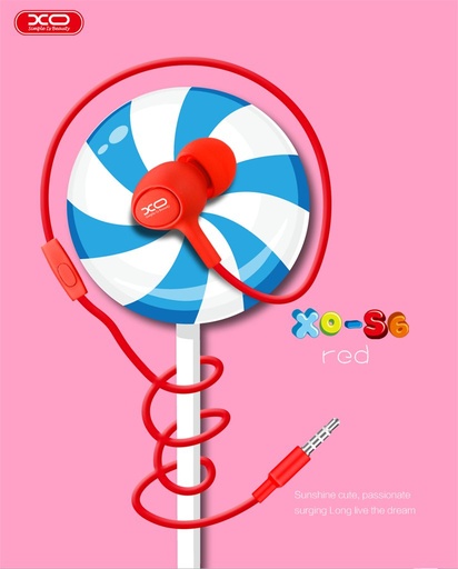 XO S6 Candy drátový sluchátka (Červená) – jack 3,5 mm s konektorem