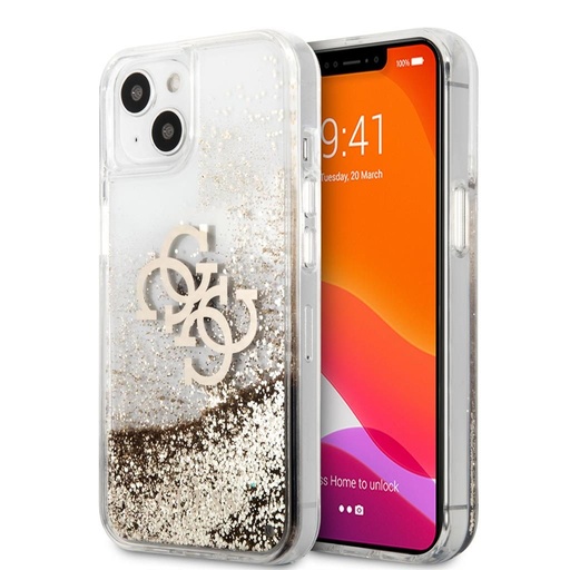 Apple iPhone 13 mini Guess TPU Big 4G Liquid Glitter pouzdro (Zlatá) – GUHCP13SLG4GGO