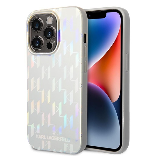Apple iPhone 14 Pro Karl Lagerfeld Iridescent Monogram pouzdro (Stříbrná) – KLHCP14LLGMMSV3