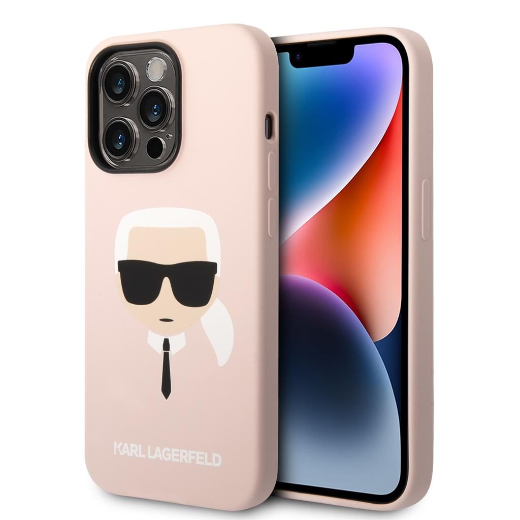 Apple iPhone 14 Pro Karl Lagerfeld Liquid Silicone Karl Head tok (Világos rózsaszín) – KLHCP14LSLKHLP