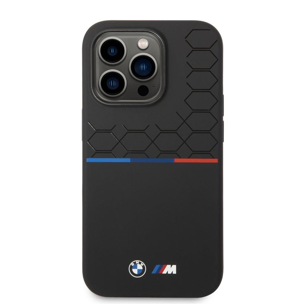 Apple iPhone 14 Pro BMW M Liquid Silicone tok – Tricolor (Fekete) - BMHCP14L22SMPK