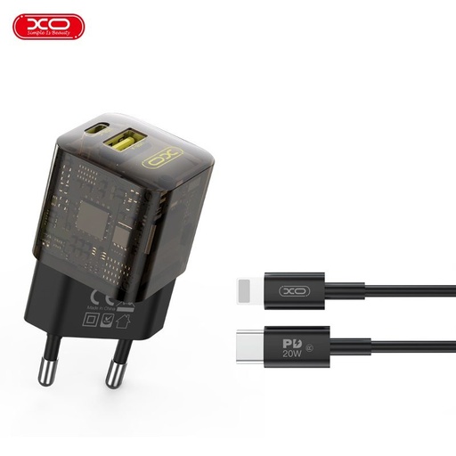 XO CE05 PD 30W rychlonabíječka (Hnědá) – PD 30W + QC 3.0 18W, USB-A + USB-C konektor, Lightning s kabelem