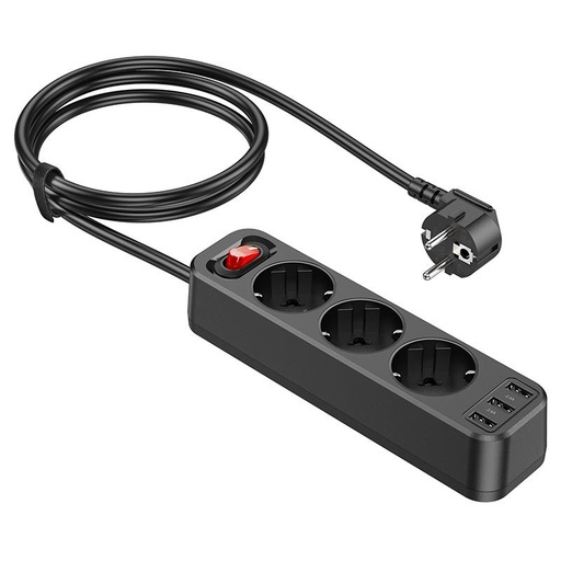 Hoco NS2 velký s výkonem prodlužovací kabel aljzat, 3 aljzat + 3 * USB 5V / 2.4A výstup černá