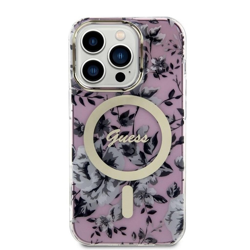 Apple iPhone 14 Pro Guess Flowers IML MagSafe pouzdro (Růžová) - GUHMP14LHCFWSP