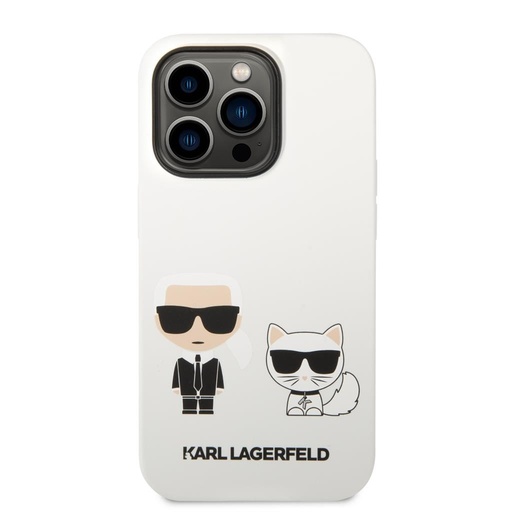Apple iPhone 14 Pro Karl Lagerfeld & Choupette tekutý silikonové pouzdro (Bílá) – KLHCP14LSSKCW