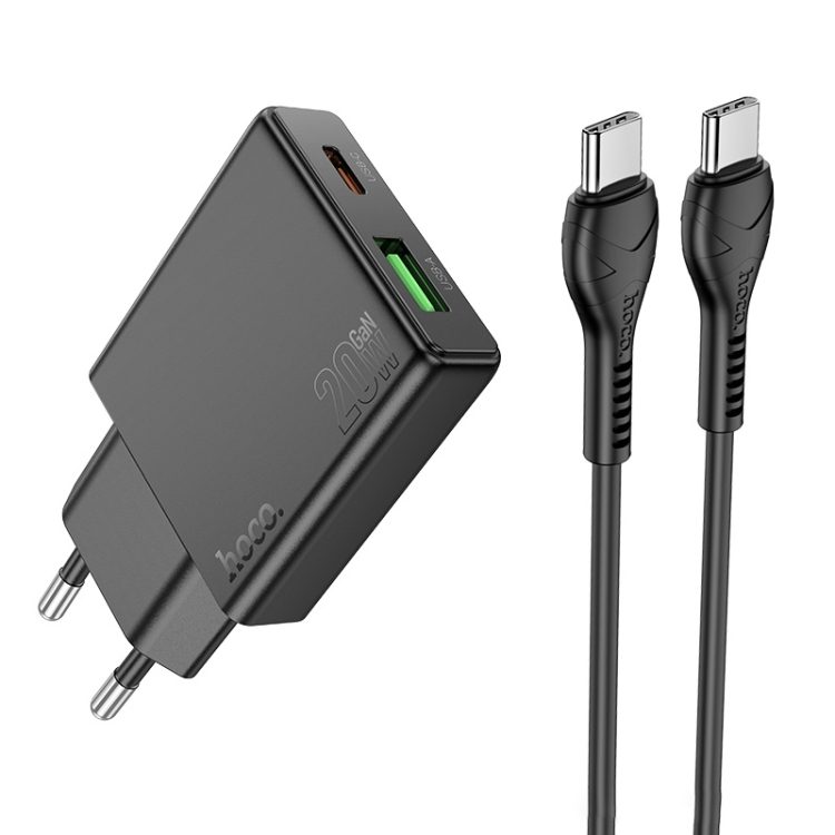 Hoco N38 gyorstöltő adapter USB-A/Type-C csatlakozással (PD20W teljesítménnyel) , Type-C-Type-C kábellel fekete