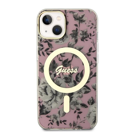 Apple iPhone 14 Guess Flowers IML MagSafe pouzdro (Růžová) - GUHMP14SHCFWSP