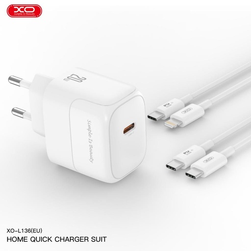 XO L136 PD 20W rychlonabíječka (Bílá) – USB-C konektor, Lightning s kabelem