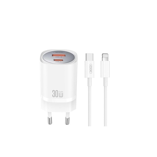XO CE21 30W GaN rychlonabíječka (Bílá) – PD 30W, USB-C + USB-A konektor, Lightning s kabelem