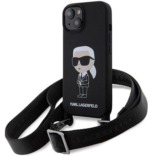 Apple iPhone 15 (Černá) Karl Lagerfeld Crossbody Silicone Ikonický pouzdro - KLHCP15SSCBSKNK