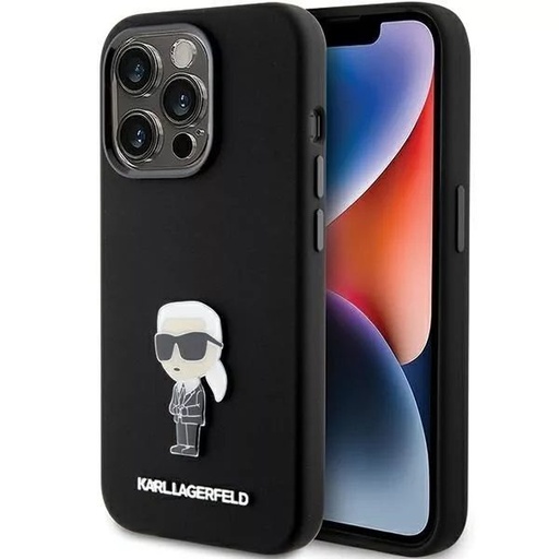 Apple iPhone 15 Pro Karl Lagerfeld Silicone Ikonický Metal Pin zadní kryt (Černá - KLHCP15LSMHHKNPK)